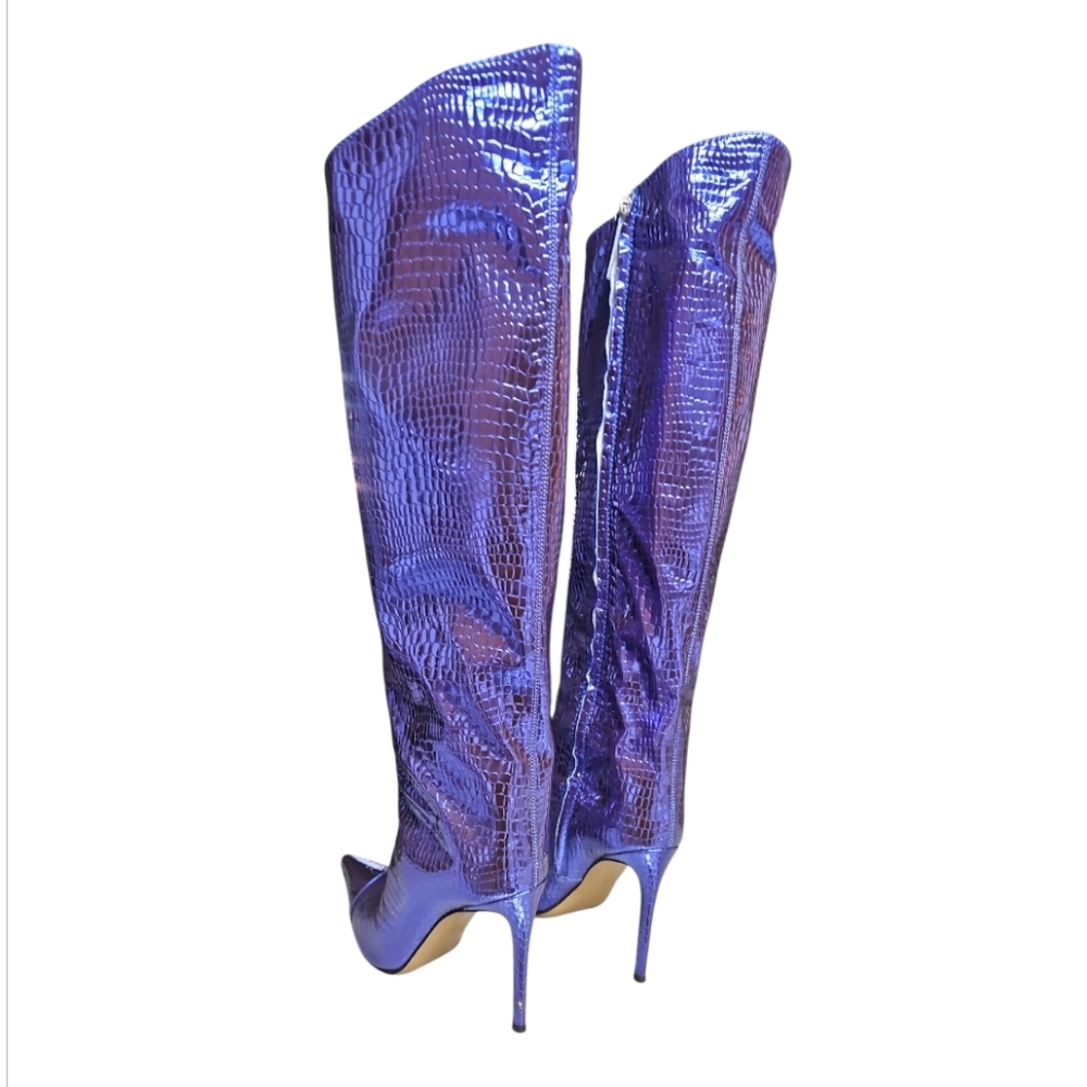 ALEXANDRE VAUTHIER | Metallic Blue Croc‑Embossed Patent Leather Knee‑High Boots - Picture 7 of 11